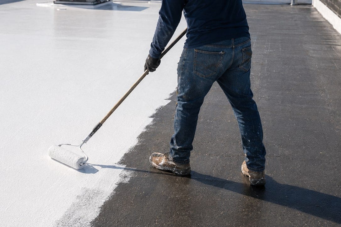 A roofer rolling reflective coating across a flat roof