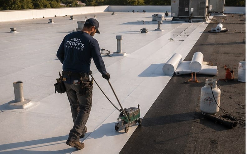 A roofer heat-welding single-ply membrane on a commercial roof