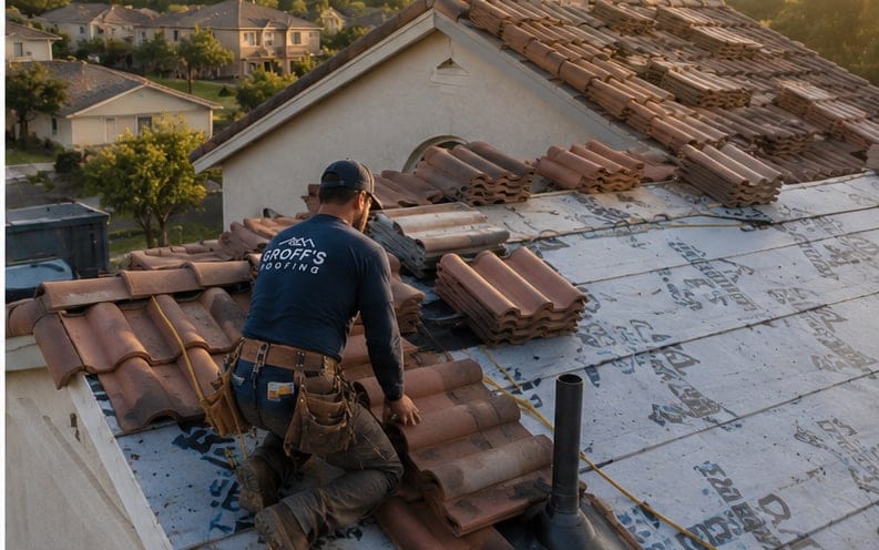 A roofer laying concrete tile on a residential roof at sunset
