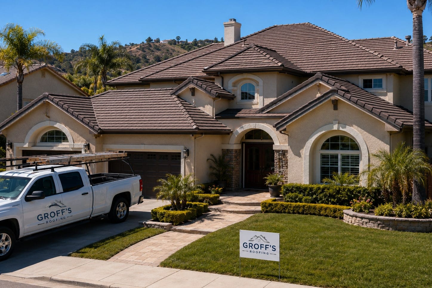 A finished tile roof with a Groff's Roofing truck and yard sign in the drive