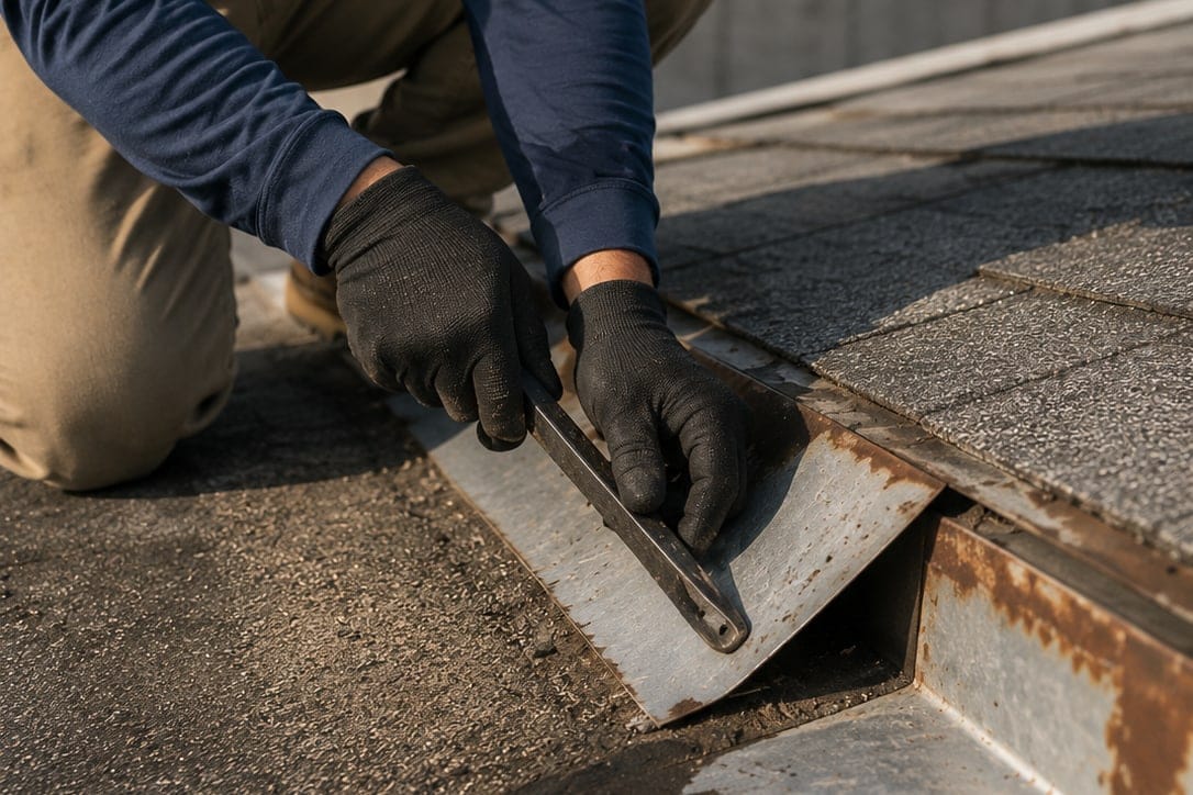 A roofer lifting failed metal flashing on a low-slope roof