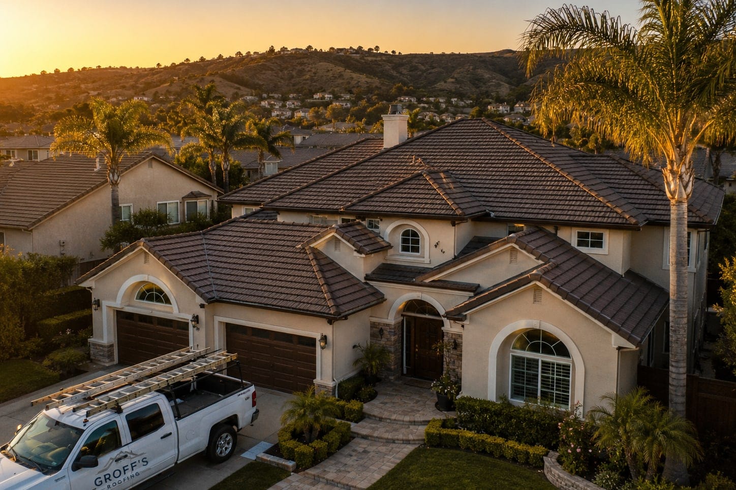 A finished tile roof at golden hour with the Chino Hills behind it