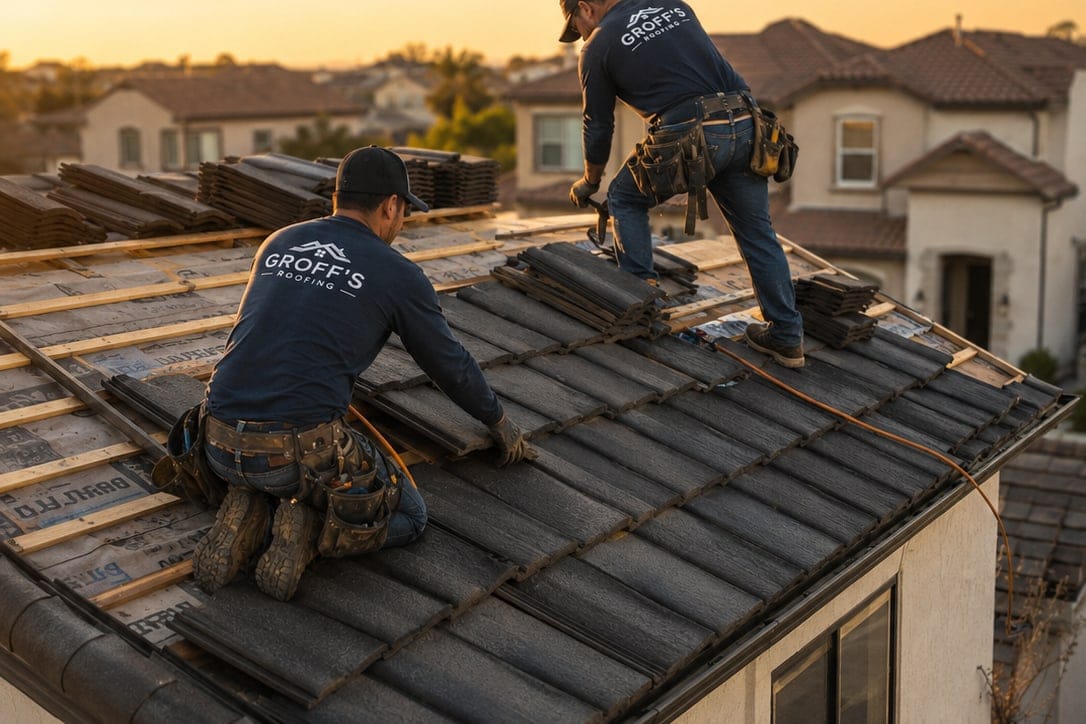 Two roofers laying concrete tile at sunset